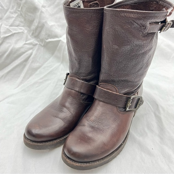 Frye harness buckle strap brown leather mid calf boots moto riding motorcycle 7B - Picture 4 of 16